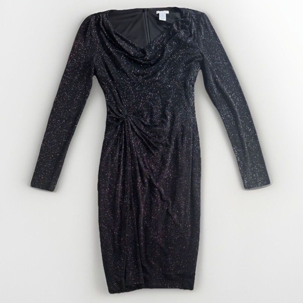 Cache Dress Sz S Black Tina Knowles Cowl Neck LongSleeve Gathered Ruched Stretch